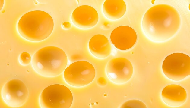 Close-up macro of Swiss cheese block with large round holes and smooth yellow texture, ideal for dairy products, food background, and culinary advertising