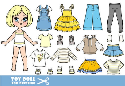 Cartoon blond girl with short bob and clothes separately -    shirts, long sleeve, skirts, sandals, jeans and sneakers