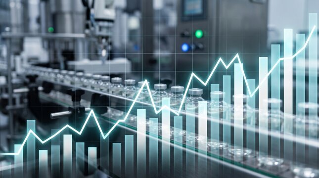 Automated pharmaceutical production line with medicine vials and overlay rising financial growth chart graph. Concept of medical industry economic boom biotech laboratory success profit.