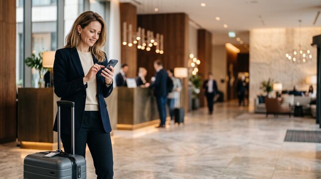 Elegant blonde Caucasian businesswoman using smartphone standing with suitcase in luxury hotel lobby. Confident female executive traveling for corporate work assignment. Generative AI
