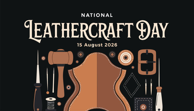National leathercraft day event poster with vintage tools and materials
