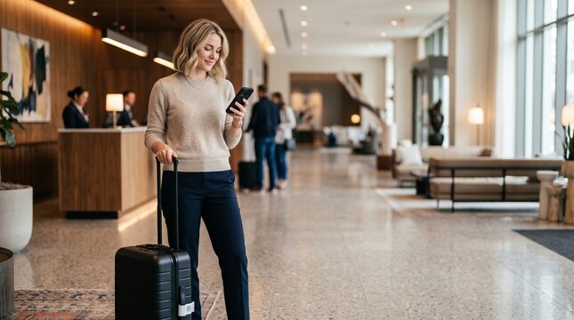Blonde caucasian woman traveler checking phone with suitcase in luxury hotel lobby, elegant female guest arriving at resort reception for business trip check-in, modern hospitality tourism