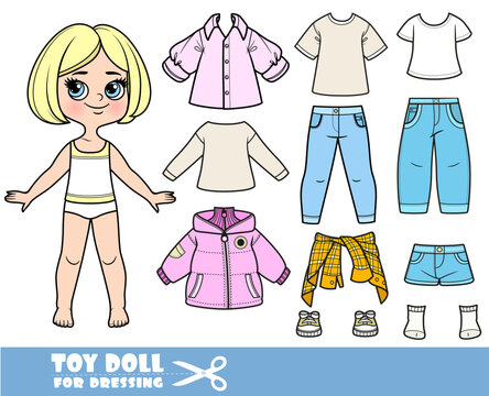 Cartoon blond girl with short bob and clothes separately -   insulated jacket, blouse, shorts, jeans, long-sleeve top and sneakers