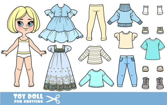 Cartoon blond girl with short bob and clothes separately -  shirts, dresses, longsleeves, sandals, jeans and sneakers