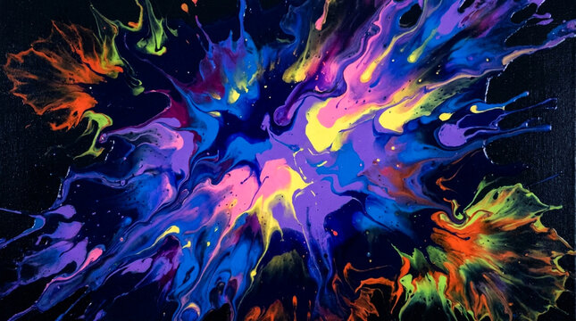 Vibrant abstract paint explosion with electric blue, purple, pink, yellow, orange, and green splashes on black, ideal for posters, album covers, wallpapers, branding, and bold digital design.