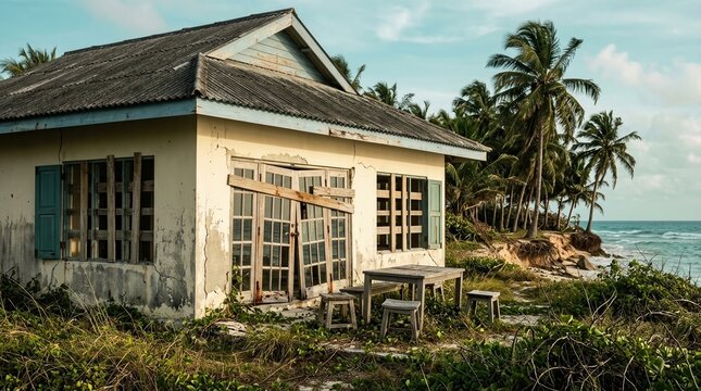 Abandoned coastal bungalow, property risk, climate damage concept with old house near tropical shoreline.