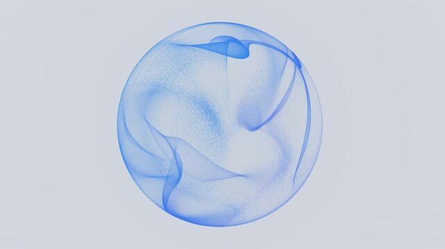 Abstract blue sphere formed of liquid wavy pattern and particles on isolated white background. Blue core, minimalistic sphere in cool blue tone with soft granular texture and flowing ribbon curves.