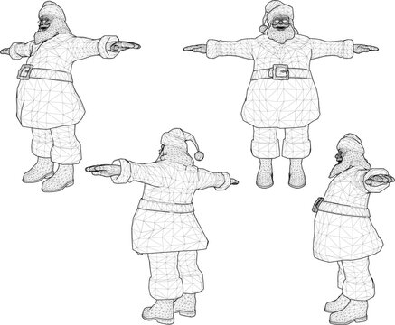 Complete set of 3D rendered Santa Claus modeling sheets with arms extended in T-pose from front, side, and back angles for 3D animators