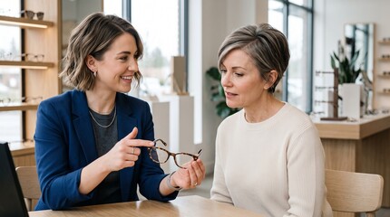 Fototapeta premium Expert female ophthalmologist showing stylish tortoiseshell glasses to mature woman in optical boutique. Smiling optometrist consulting female client for vision prescription frames.