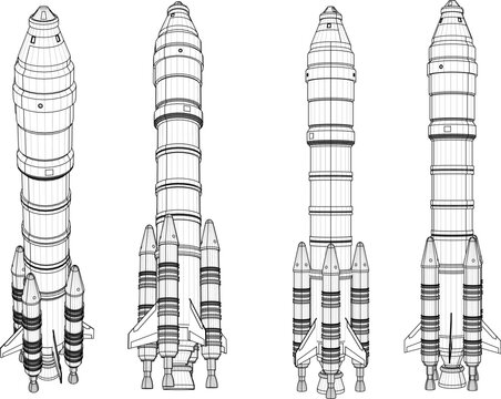 Complete set of 3D rendered space exploration rocket model sheets showcasing heavy cargo booster rocket from front, side, and back angles