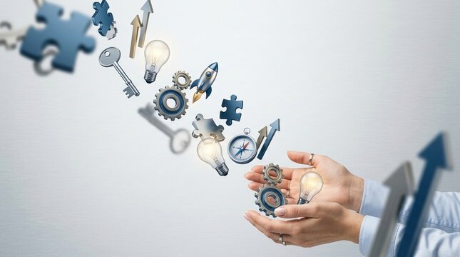 Business solutions, innovation, problem solving concept with hands presenting gears, keys and puzzle icons.