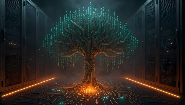 Glowing digital tree with binary code data branches growing inside a high tech server room corridor