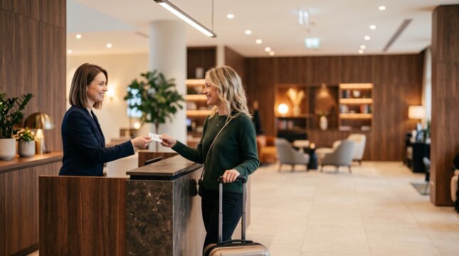 Smiling professional female receptionist handing key card to blonde woman guest with suitcase at luxury modern hotel reception desk during check in or check out corporate business travel
