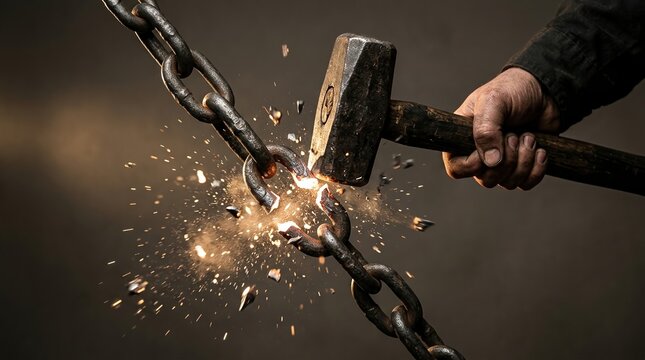 Breaking chains, freedom, overcoming limitation concept with hammer smashing metal chain link.