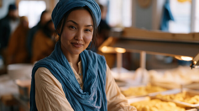 Kazakh community kitchen volunteer organizes a buffet serving station for a Diwali community dinner during October, arranging trays of warm food under heat lamps as a diverse line