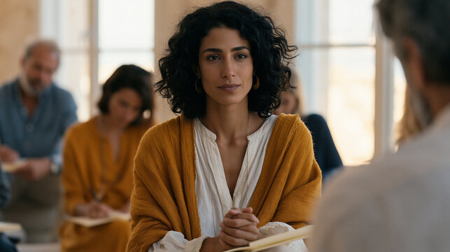World Mental Health Day community workshop in sunlit community center, Iranian counselor facilitating circle discussion with seated participants journaling in notebooks, eye-level