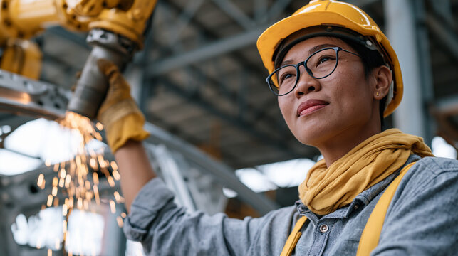 Vietnamese female engineer monitoring robotic welding arm arcing across automotive chassis frame, sparks cascading in controlled pattern, safety visor down, reshored manufacturing