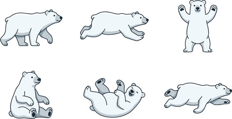Polar bear cartoon vector illustration collection featuring walking, running, standing, sitting, rolling and playful arctic wildlife character poses isolated on white background © Yevhenii creative