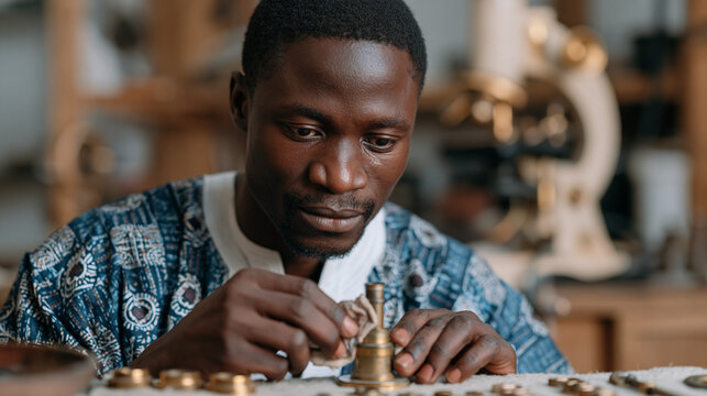 Nigerian restoration technician in a Lagos science museum polishes the brass condenser housing of an antique microscope, each segment buffed with chamois and set aside in sequence