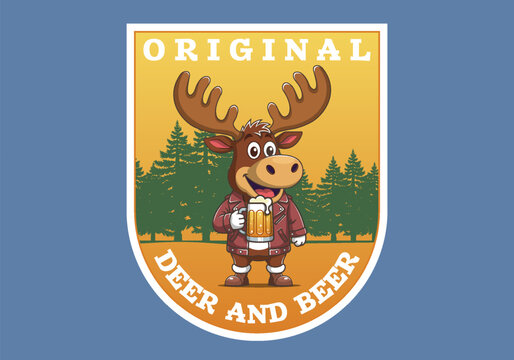 Vector cartoon funny smiling cheerful cute moose or deer in brown jacket holding mug of beer. Green fir trees. Toon emblem or sticker. Beery yeast hop drink. Decal or coaster