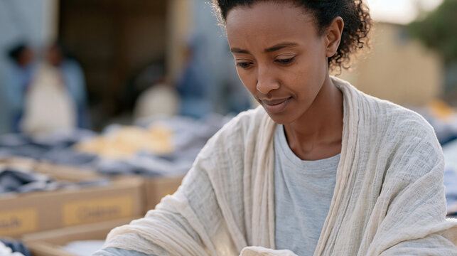 Ethiopian woman sorts donated children's clothing into labeled cardboard bins at a community donation center during October, organizing small folded garments into age categories