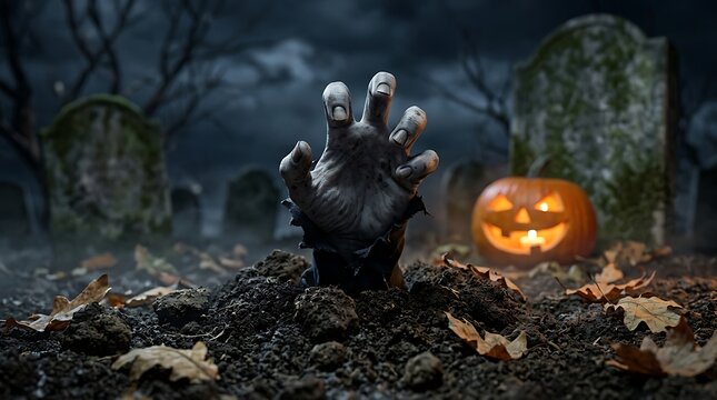 Spooky halloween scene zombie hand emerging from grave with jack o' lantern in a cemetery