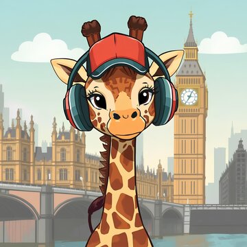 A whimsical cartoon illustration of a cool giraffe wearing headphones, and a cap stands in the center of London with Big Ben visible behind it.