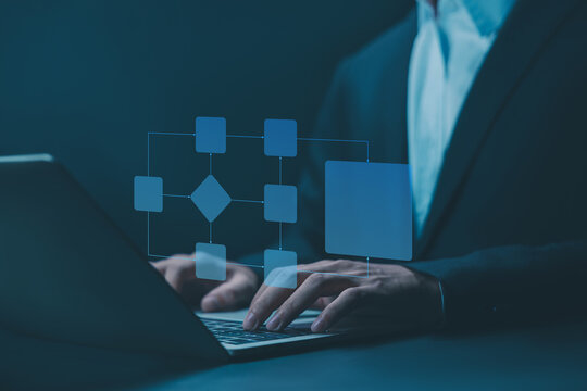 A business designs digital project diagrams on a laptop. Creating automated business process maps. Concepts include process management, algorithmic flow systems, and workflow planning