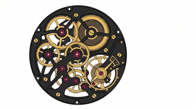 Detailed illustration of an intricate mechanical watch movement featuring complex gold gears and wheels inside a dark circular frame