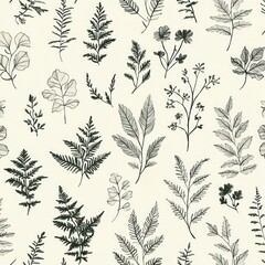 Fototapeta premium delicate hand-drawn botanical pattern of ferns, leaves, and small wildflowers on a soft cream background conveying calm natural elegance