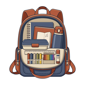 Back to school Backpack, School Backpack, Educational Supplies, Colorful Stationery isolated on White Background EPS