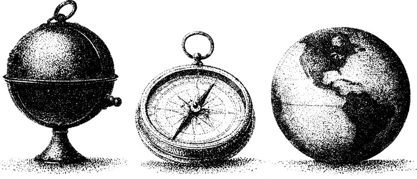 Black and white stippled globe and compass and armillary sphere trio for antique background and banner design
