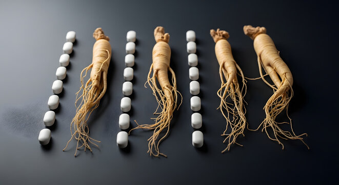 Fresh ginseng roots arranged in a neat row on display.
