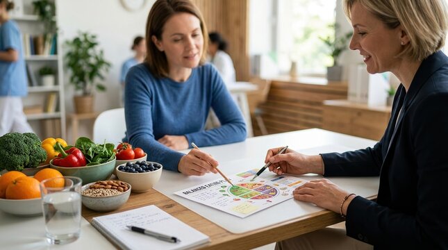 Nutrition coaching, diet consultation, wellness planning concept with coach reviewing meal plan with client.