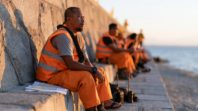 Filipino search and rescue volunteer team debrief after a coastal missing person drill, sitting on a seawall at golden hour, maps across their knees, radio equipment beside them,