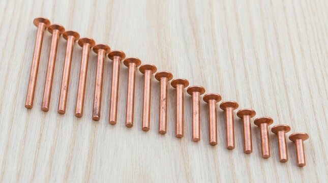 Copper rivets, industrial fasteners, manufacturing hardware concept with solid copper pins arranged by size.