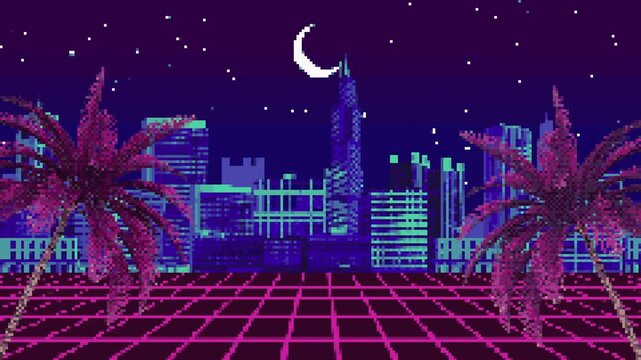 8-bit retro futuristic city at night with palm trees and crescent moon. Pixel loop animation.