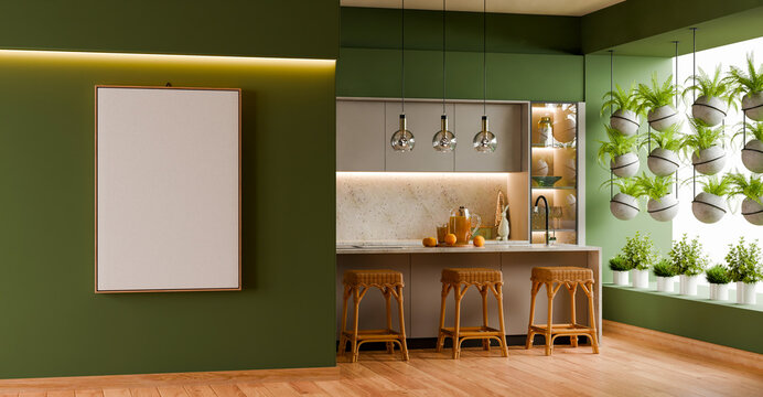 Blank frame mockup on green wall in modern kitchen with bar stools and hanging plants interior design- 3D rendering