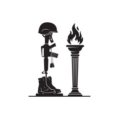 Fototapeta premium Eternal Flame Memorial Soldier Silhouette. A military soldier standing beside an eternal flame memorial isolated on white background, representing remembrance, honor, sacrifice, patriotism. 