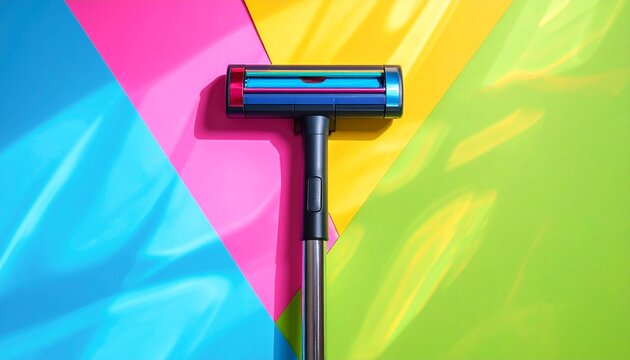 "A sleek black vacuum cleaner head rests on a vibrant geometric surface of pink, yellow, green, and blue hues, symbolizing modern cleanliness and artistic contrast in a cinematic, branding-ready compo
