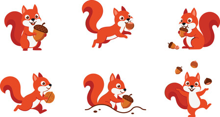 Red squirrel cartoon vector illustration collection featuring acorn gathering, running, jumping, holding nuts and playful woodland wildlife character poses isolated on white background © Yevhenii creative