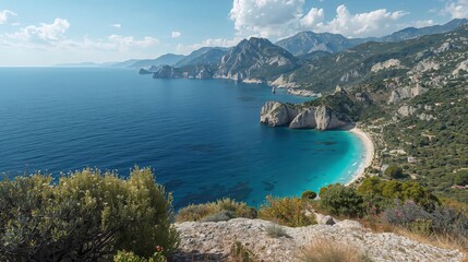 Panorama costiero con mare turchese, scogliere e montagne. Generative AI 