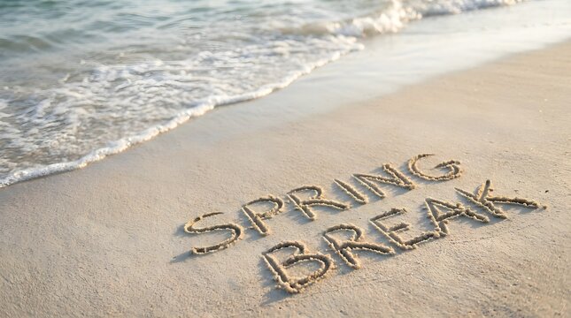 The words Spring Break written in the wet sand on a beach with gentle ocean waves.