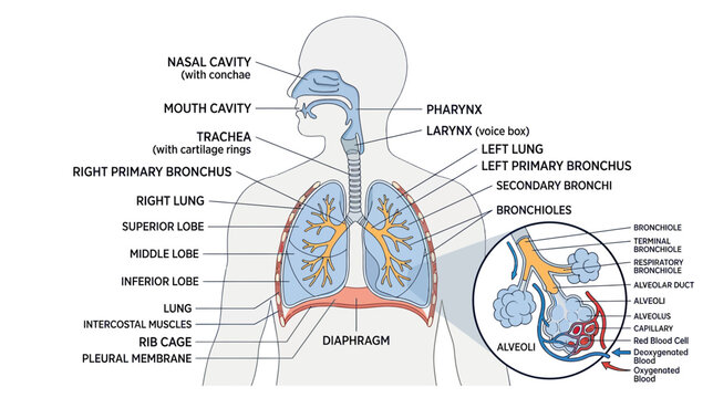 Human Respiratory System Diagram: Lungs, Trachea, Bronchi, Alveoli