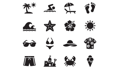 Fototapeta premium Summer Beach Vacation Black Silhouette Icons Set Isolated on White
