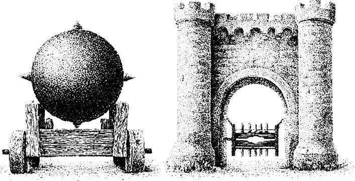 Medieval battering ram and castle gate with portcullis black and white engraving for historical design background