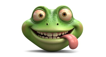 Fototapeta premium Funny Green Cartoon Frog Face Smiling with Tongue Out on White Background