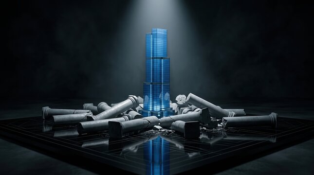 Competitive advantage, leadership, market differentiation concept with blue tower rising above gray columns.