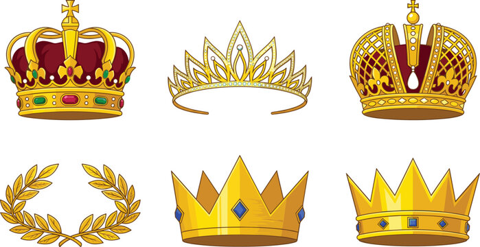 Royal crown cartoon vector illustration collection featuring king crowns, queen tiara, imperial crown and golden laurel wreath symbols isolated on white background