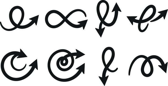 Collection of hand drawn looping and swirling arrows with scribble handdrawn elements direction navigation pointing illustration abstract